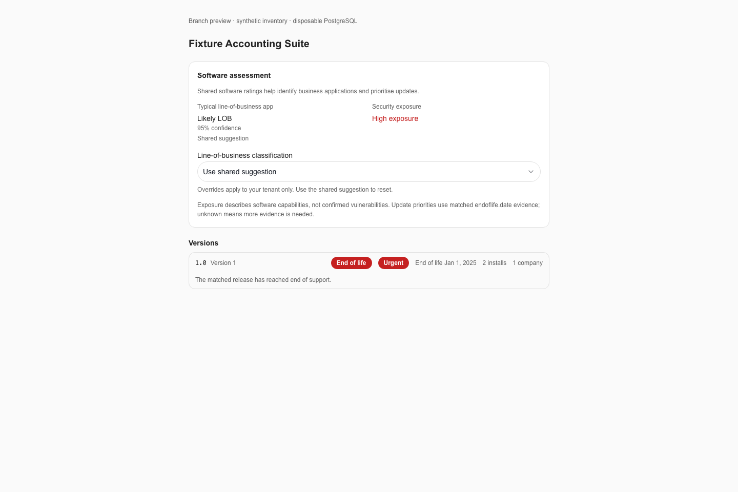 Shared software assessment with a confident LOB suggestion, security exposure, tenant override selector and an urgent unsupported version