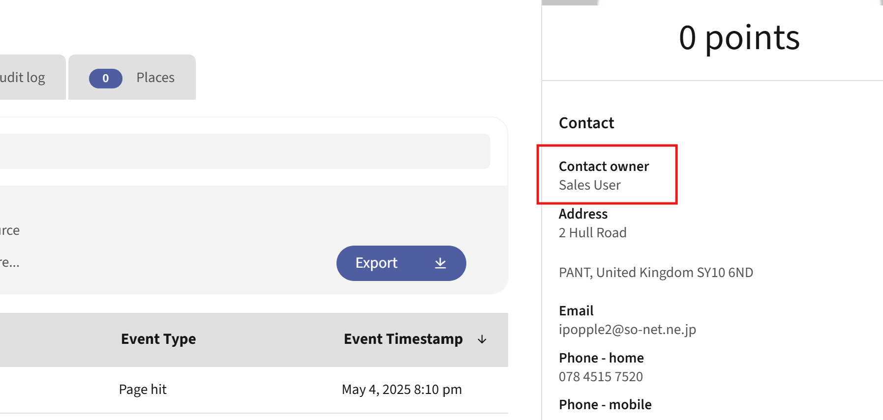 Mautic contact details screen showing the Contact owner field highlighted