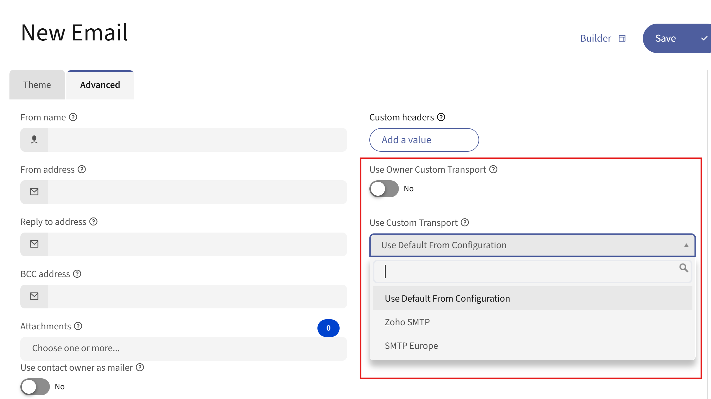 Mautic email edit screen showing the transport dropdown and owner custom transport option