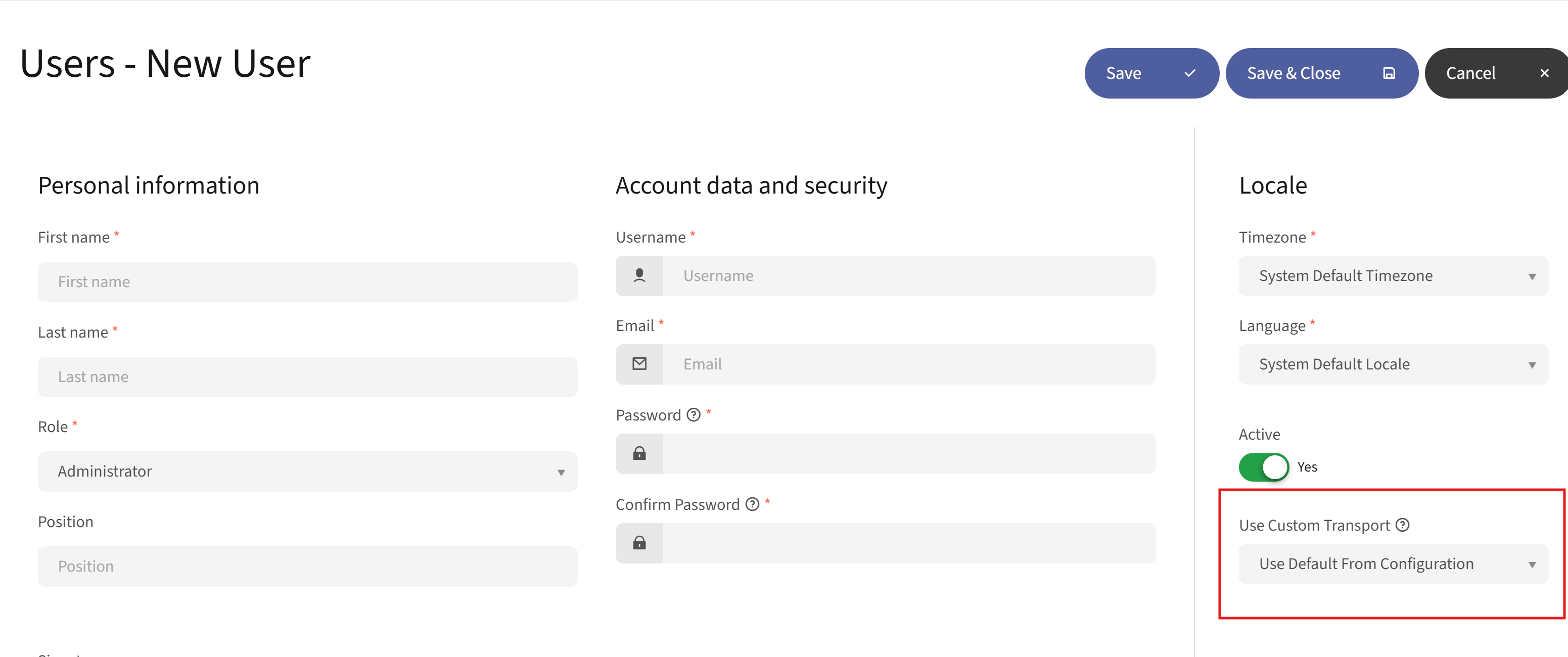 Mautic user profile screen showing the Use Custom Transport dropdown