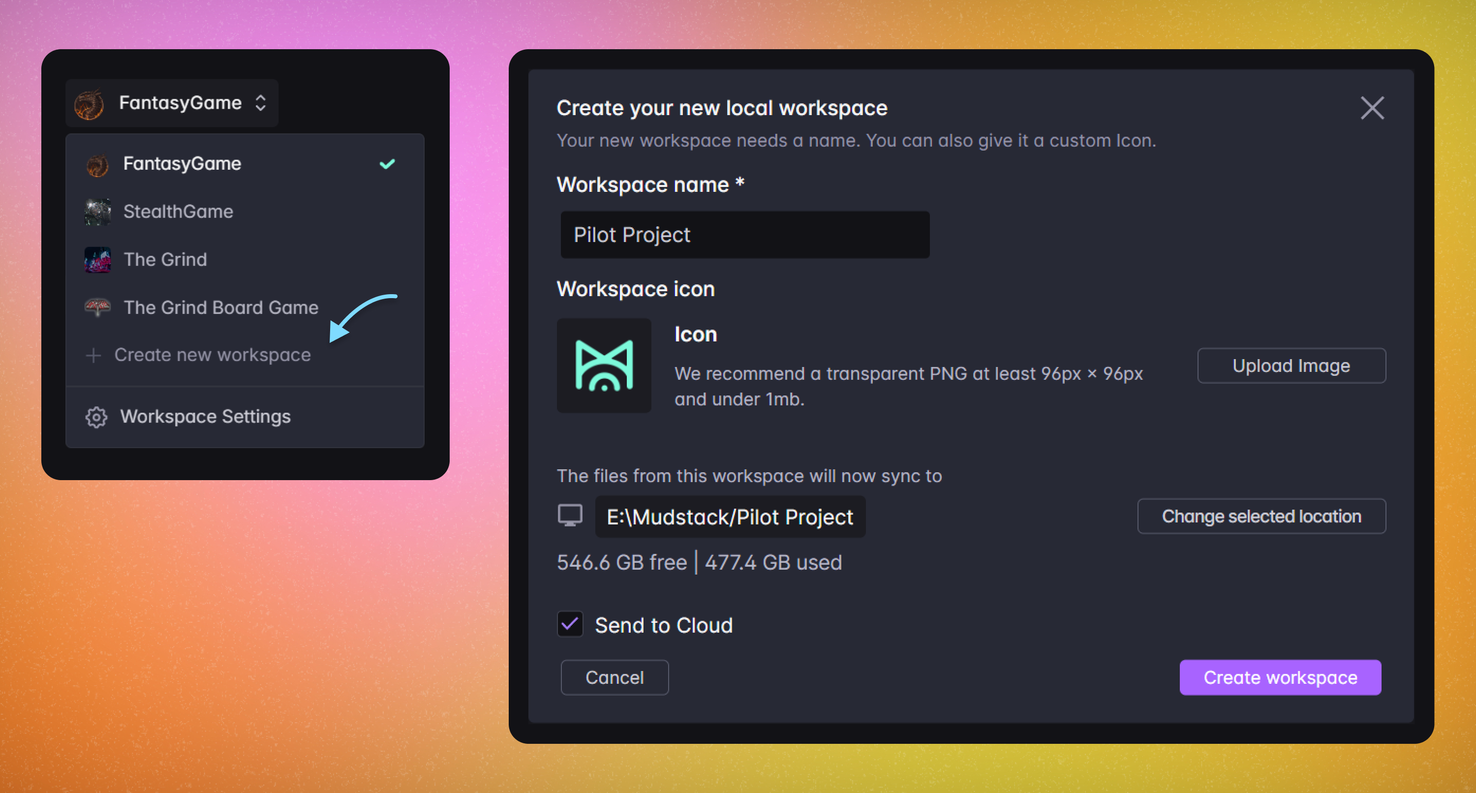 creating a workspace in mudstack