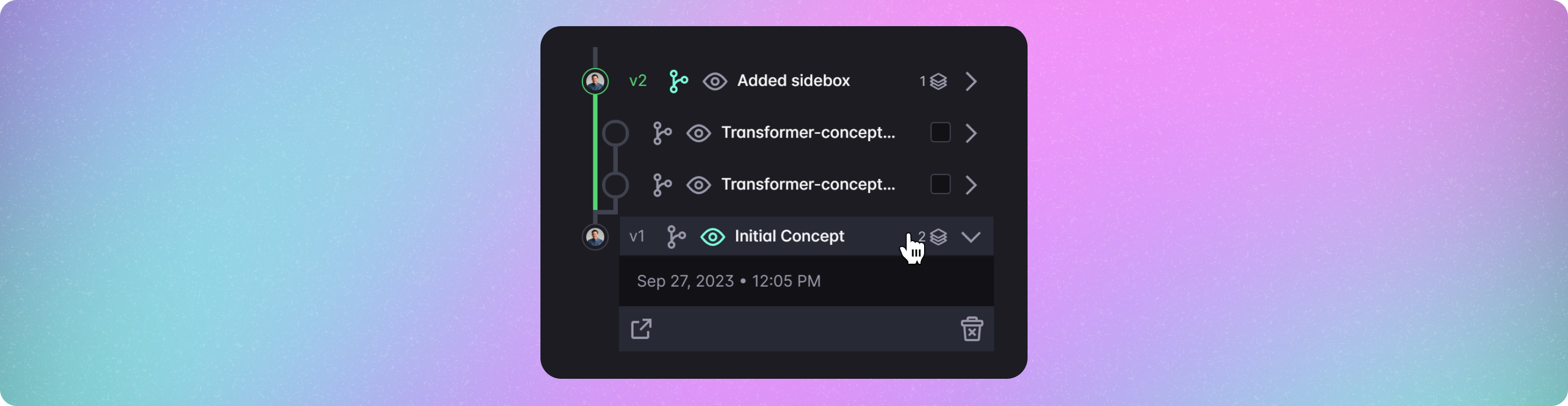 click the version button on the right side of a version to expand its uncommitted versions
