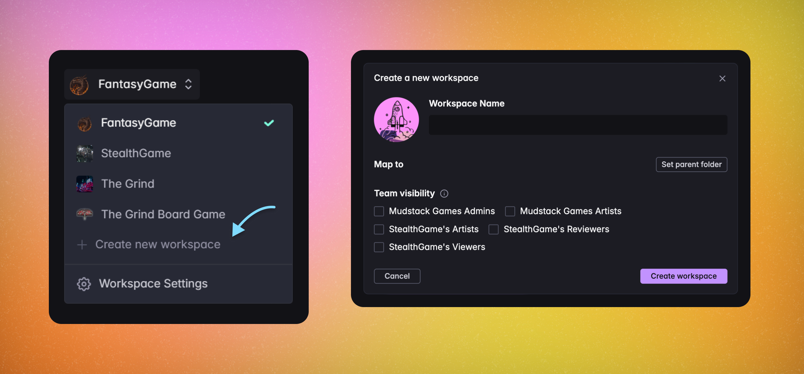 creating a workspace in Mudstack