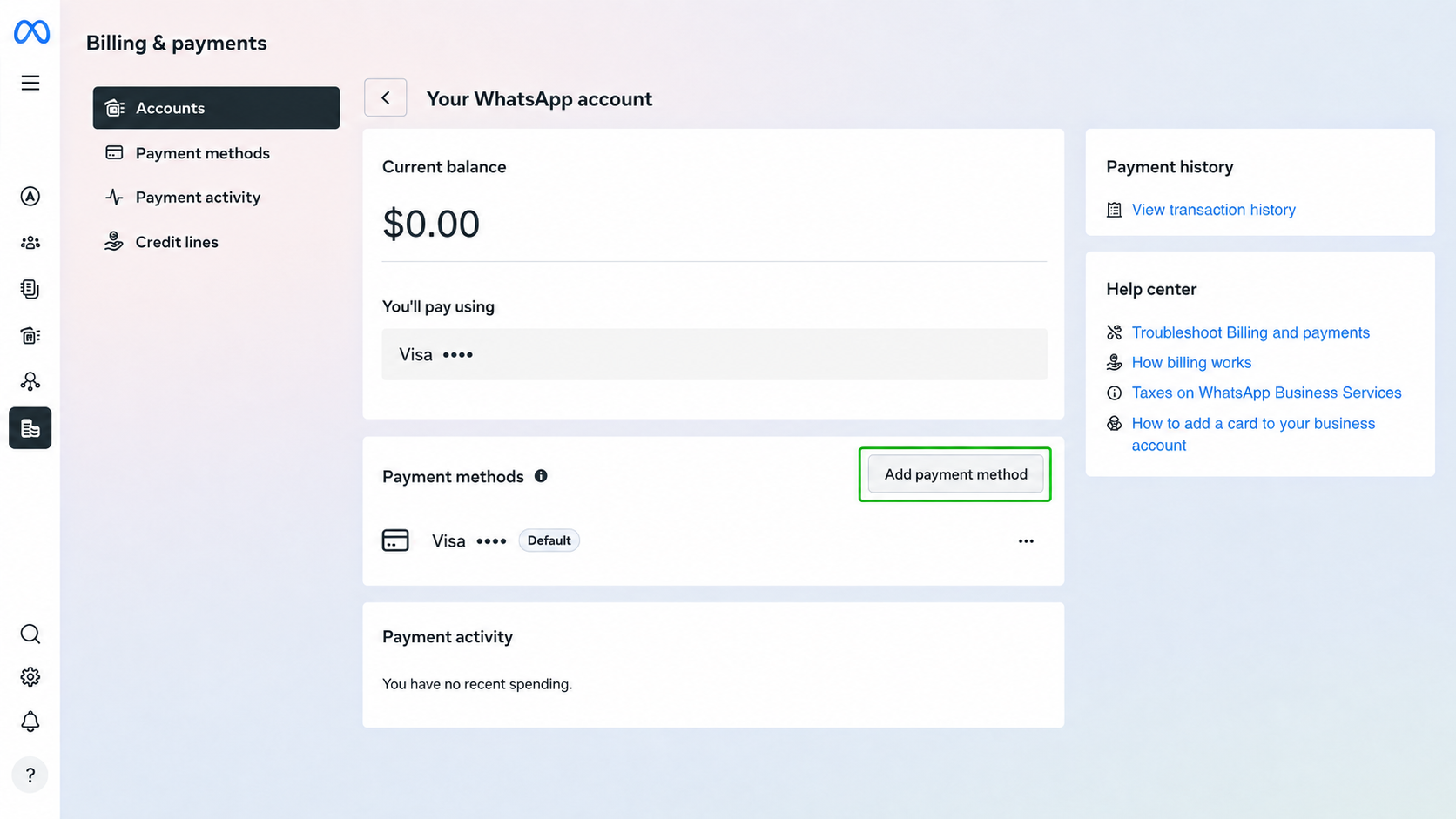 Facturación y pagos de Meta con Add payment method resaltado y una tarjeta de ejemplo