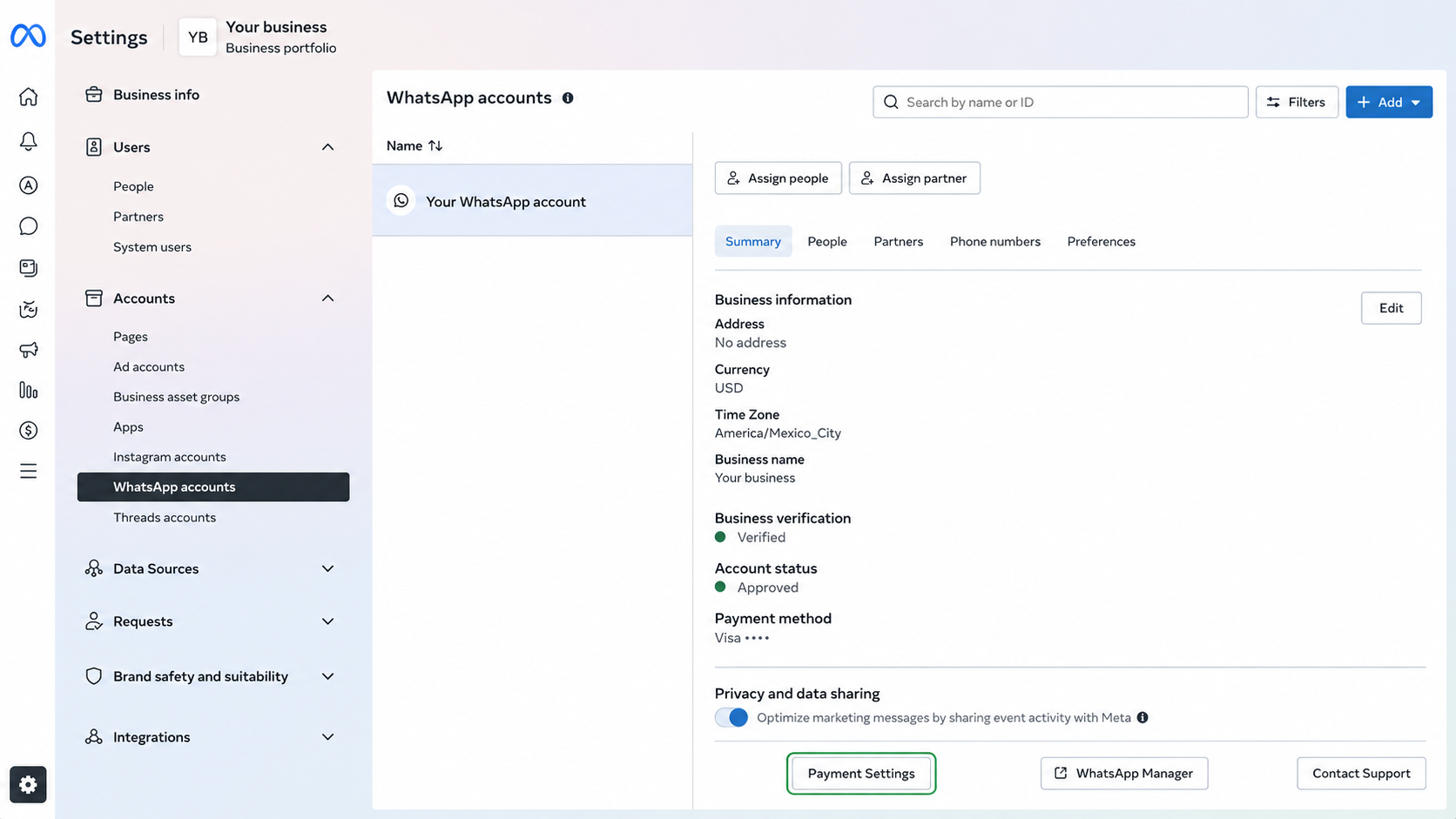 Configuración de Meta con Cuentas de WhatsApp seleccionado y el botón Payment Settings resaltado