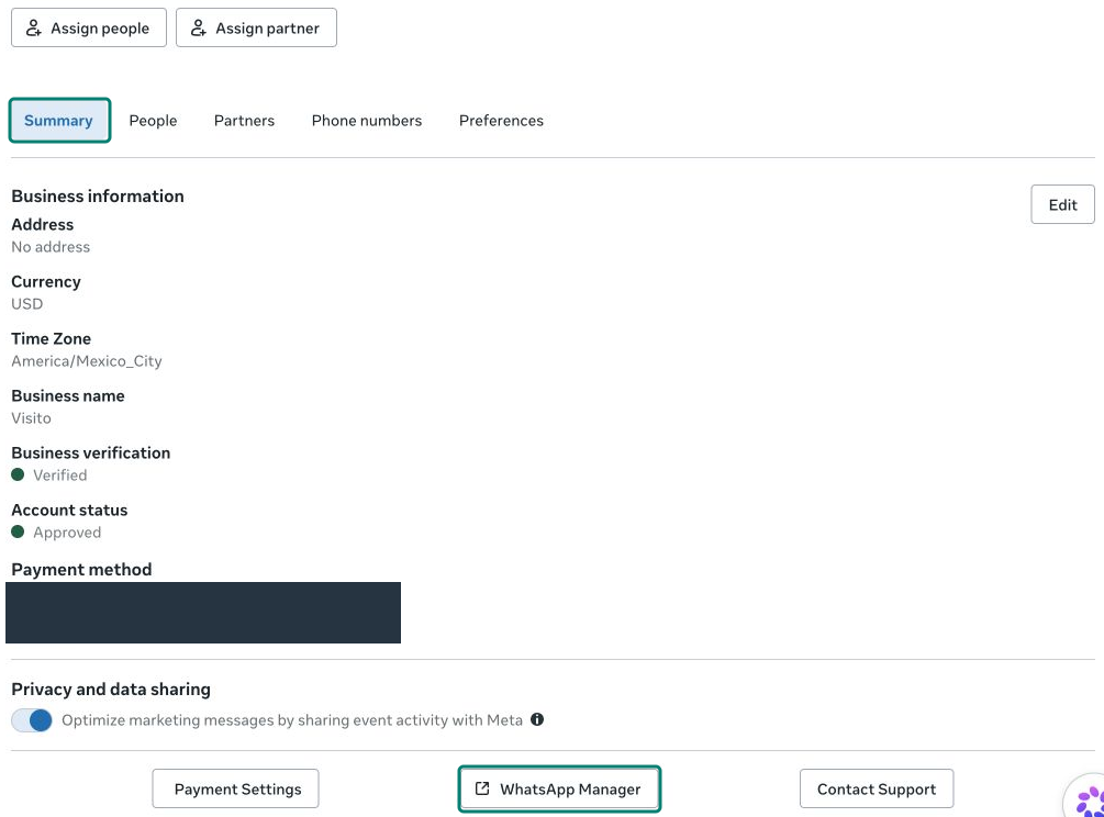 Meta account Summary tab with WhatsApp Manager highlighted and billing information redacted