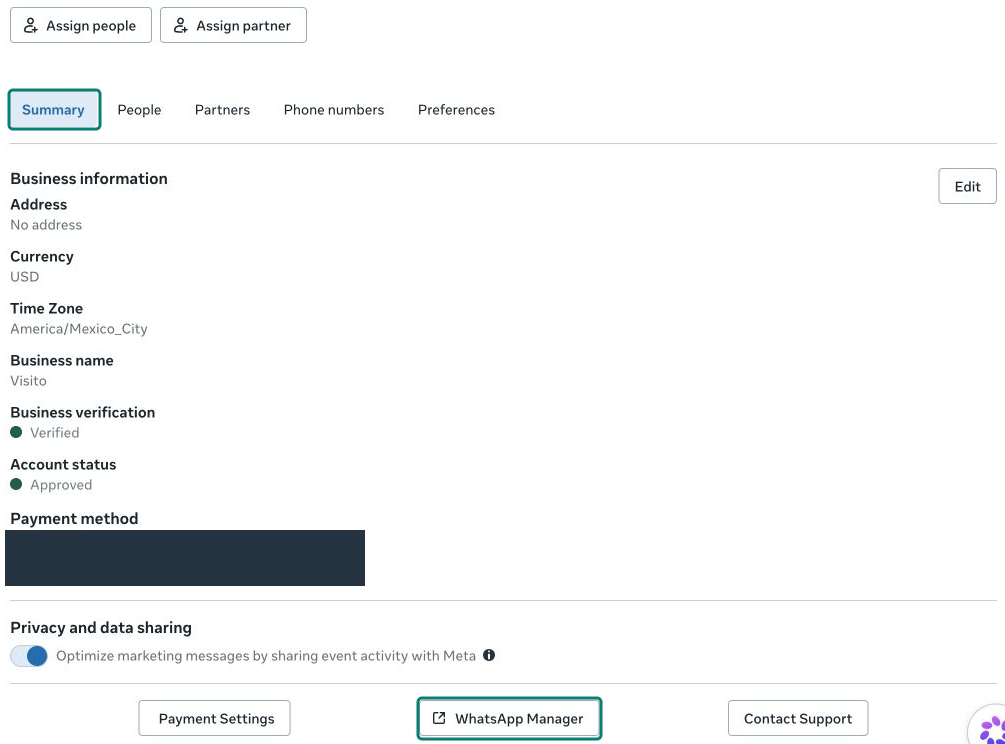 Resumen de la cuenta de Meta con el enlace WhatsApp Manager resaltado