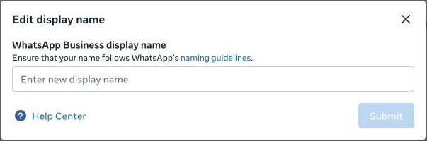 Ventana Edit display name con el campo de nombre, las reglas de nombres y el botón Submit