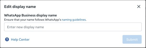 Ventana Edit display name con el campo de nombre, las reglas de nombres y el botón Submit