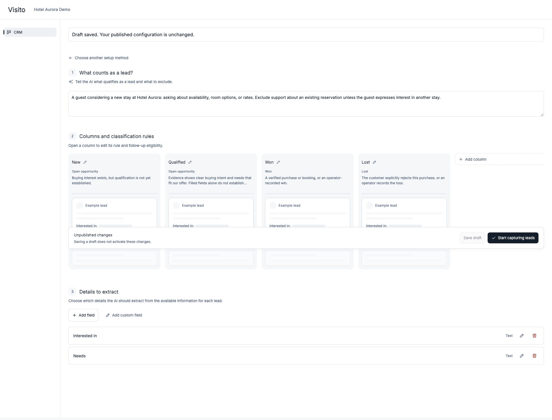 Lead definition, stages, and fields before publication