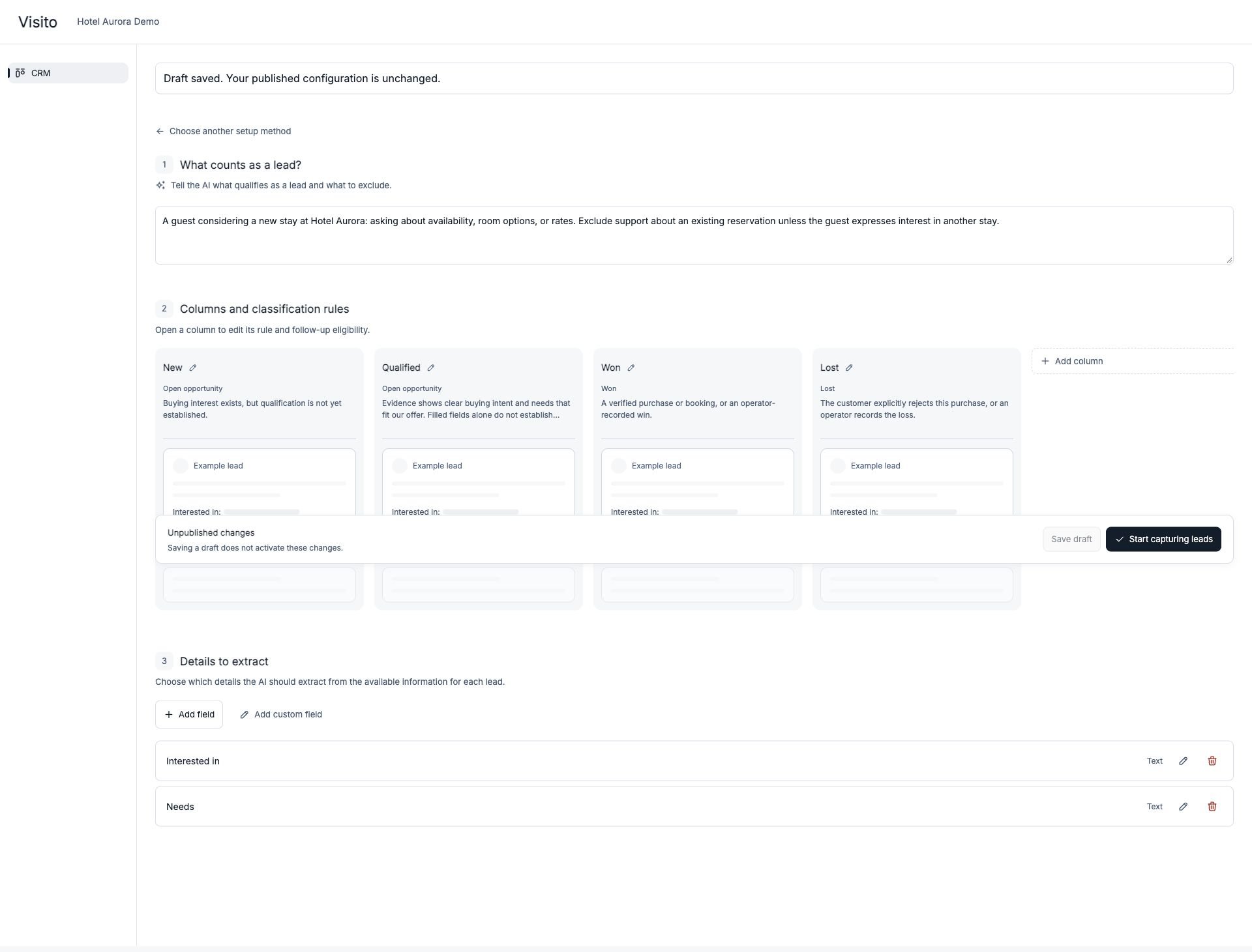 Lead definition, stages, and fields before publication