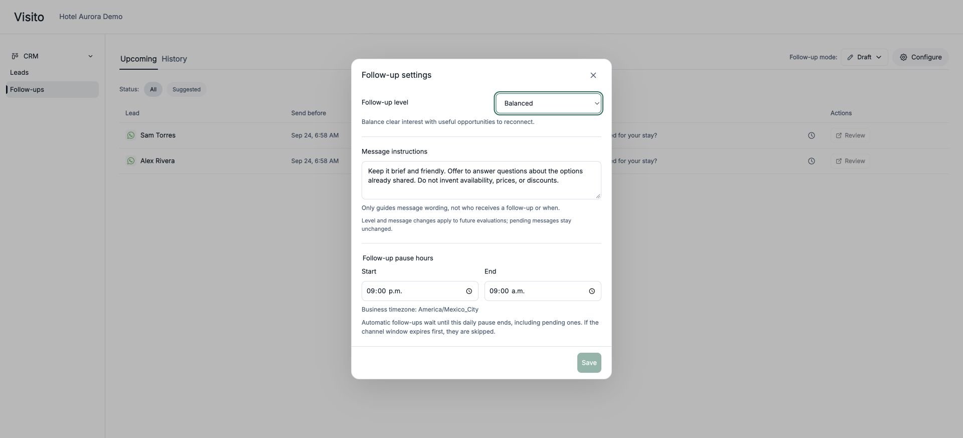 Follow-up settings showing the level, message instructions, and pause hours