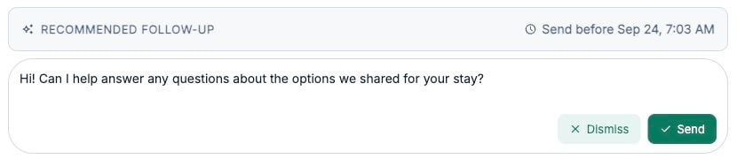 Recommended follow-up editor with Dismiss and Send controls