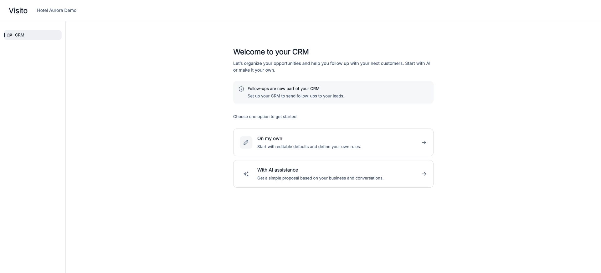 CRM welcome screen with manual and AI setup options