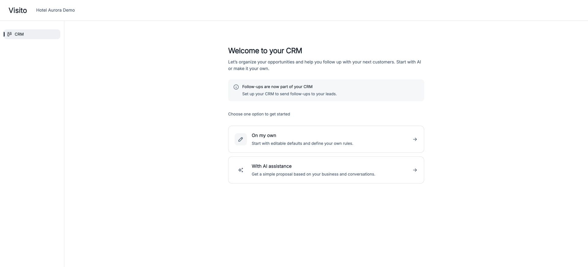 CRM welcome screen with manual and AI setup options