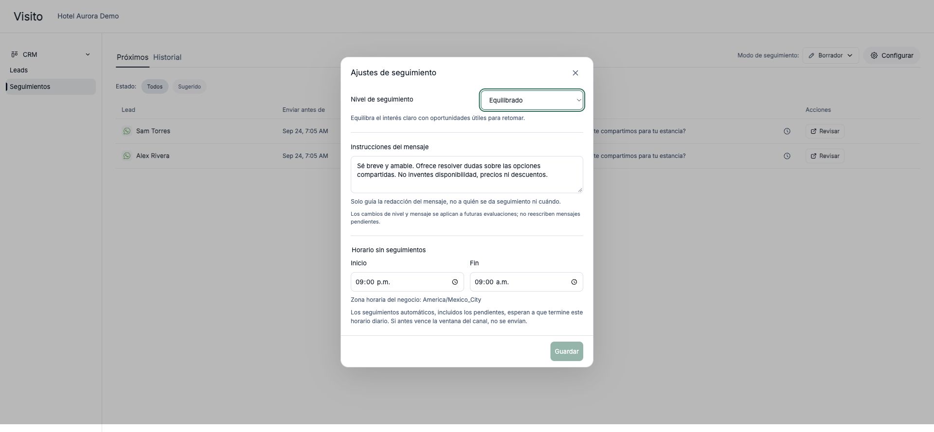 Ajustes de seguimiento con nivel, instrucciones del mensaje y horario sin seguimientos