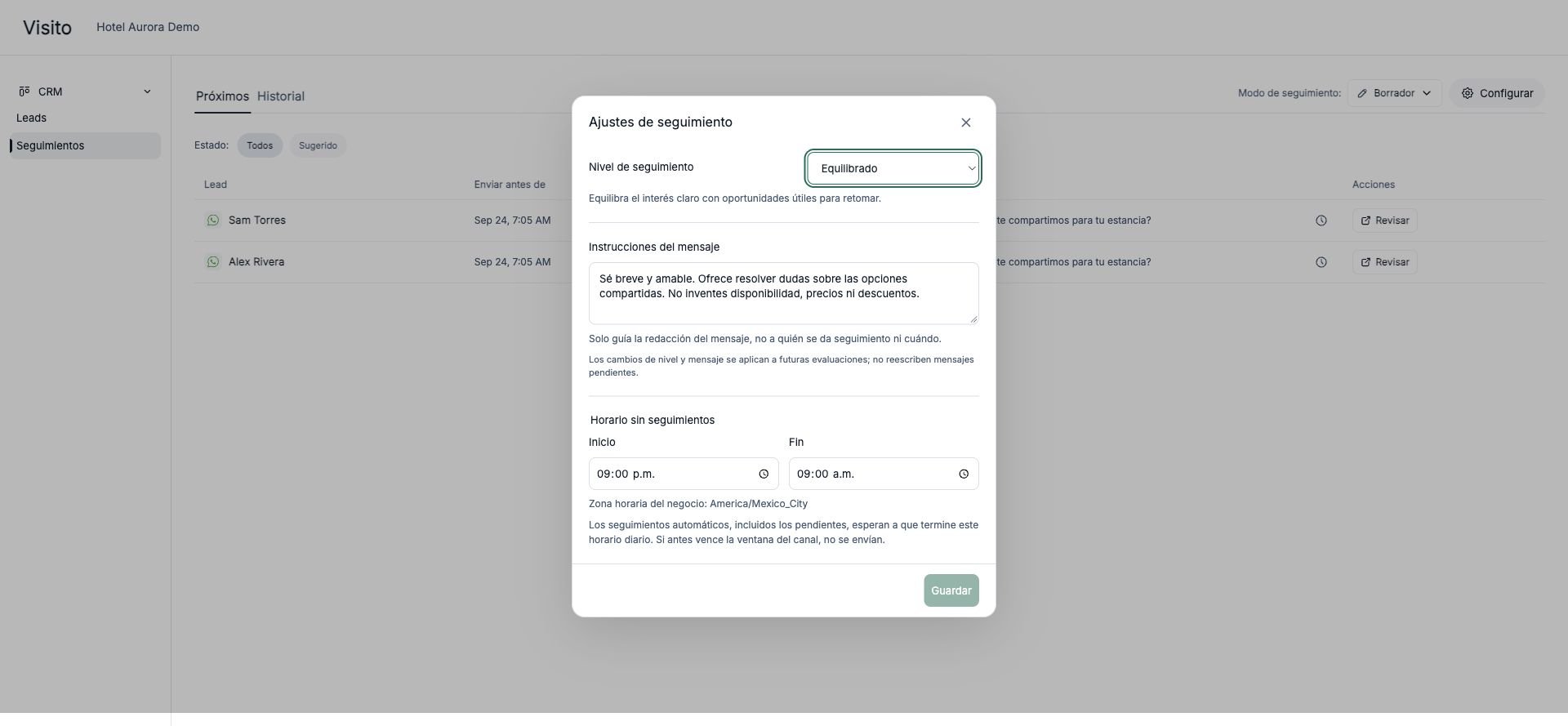 Ajustes de seguimiento con nivel, instrucciones del mensaje y horario sin seguimientos