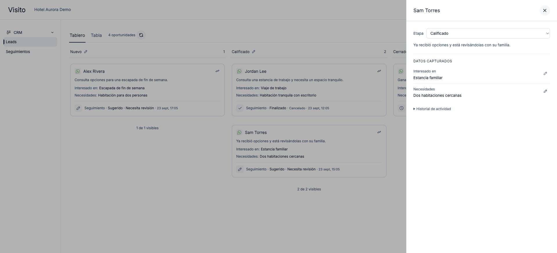 Detalle de una oportunidad con etapa y datos capturados