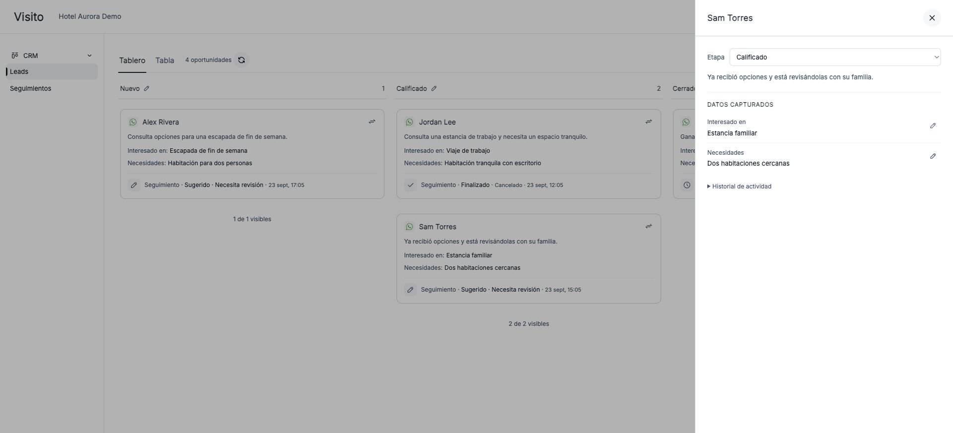 Detalle de una oportunidad con etapa y datos capturados