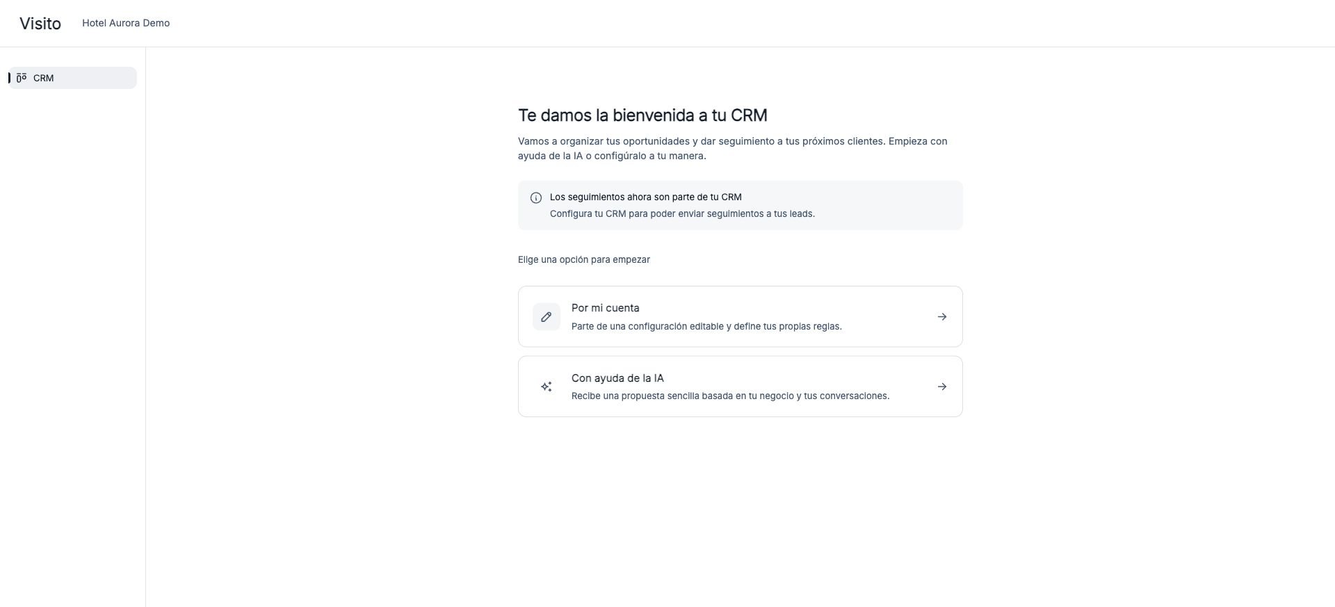 Bienvenida del CRM con configuración manual o con IA