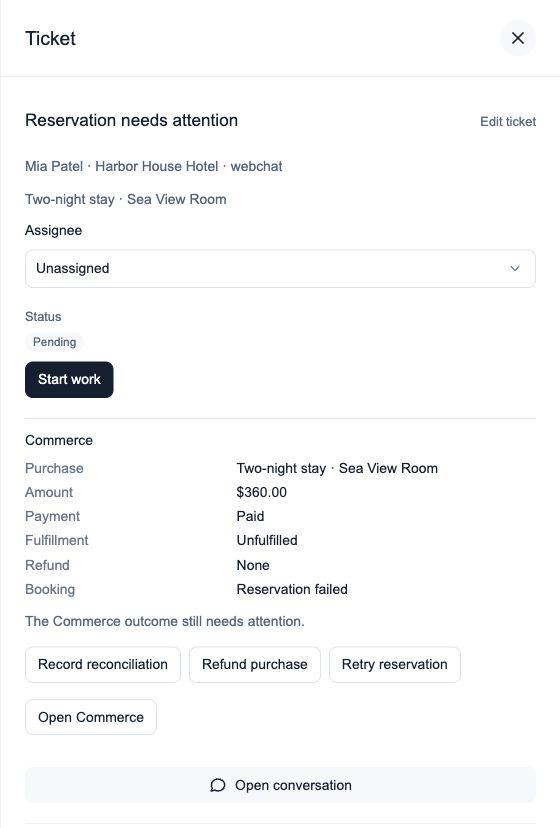 Commerce ticket showing a paid purchase, unfulfilled work, no refund and a failed reservation, with Commerce actions