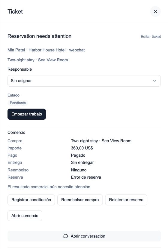 Ticket de Comercio con una compra pagada, entrega pendiente, sin reembolso y reserva fallida, con acciones de Comercio