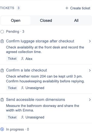Conversation Tickets panel with Open, Closed and All filters and several related tickets