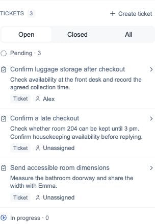 Conversation Tickets panel with Open, Closed and All filters and several related tickets