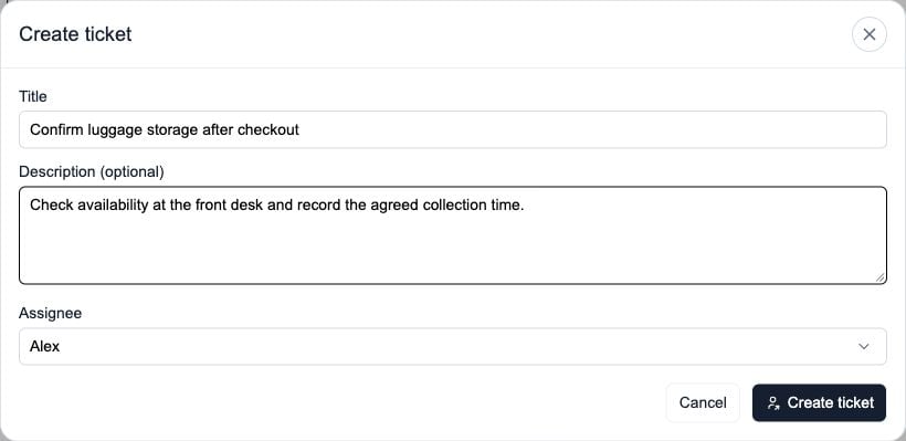 Create ticket form with title, optional description and human assignee
