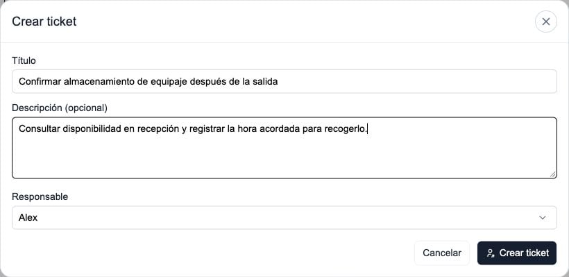 Formulario Crear ticket con título, descripción opcional y responsable humano