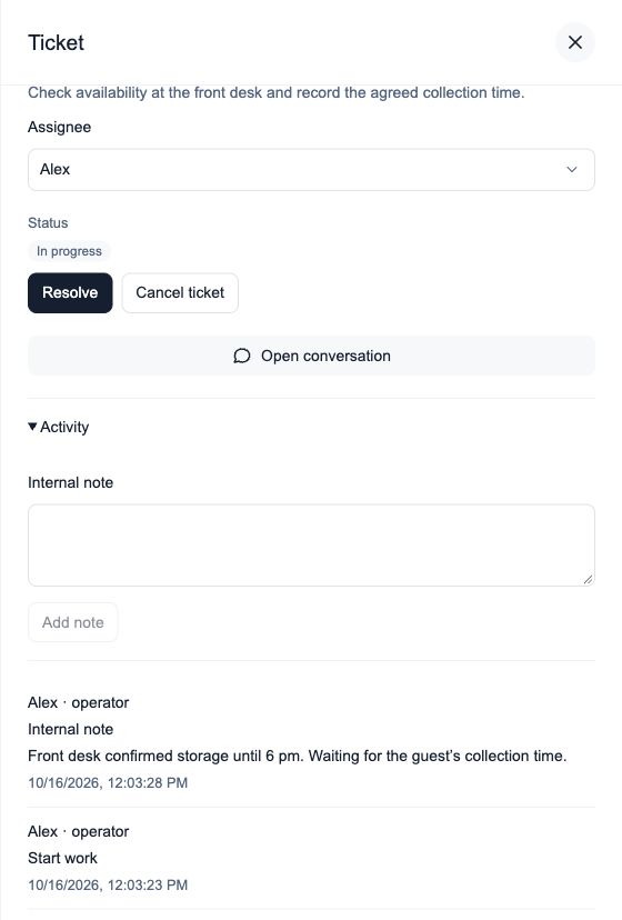 In-progress ticket with Alex assigned and an internal note in Activity