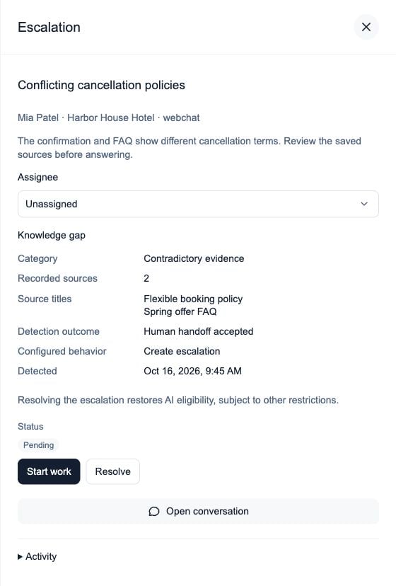 Escalation showing contradictory evidence, two source titles and the accepted human handoff outcome