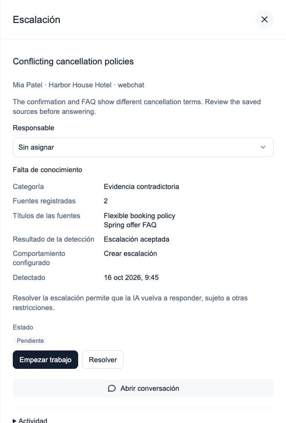Escalación con evidencia contradictoria, dos títulos de fuentes y resultado de escalamiento humano aceptado