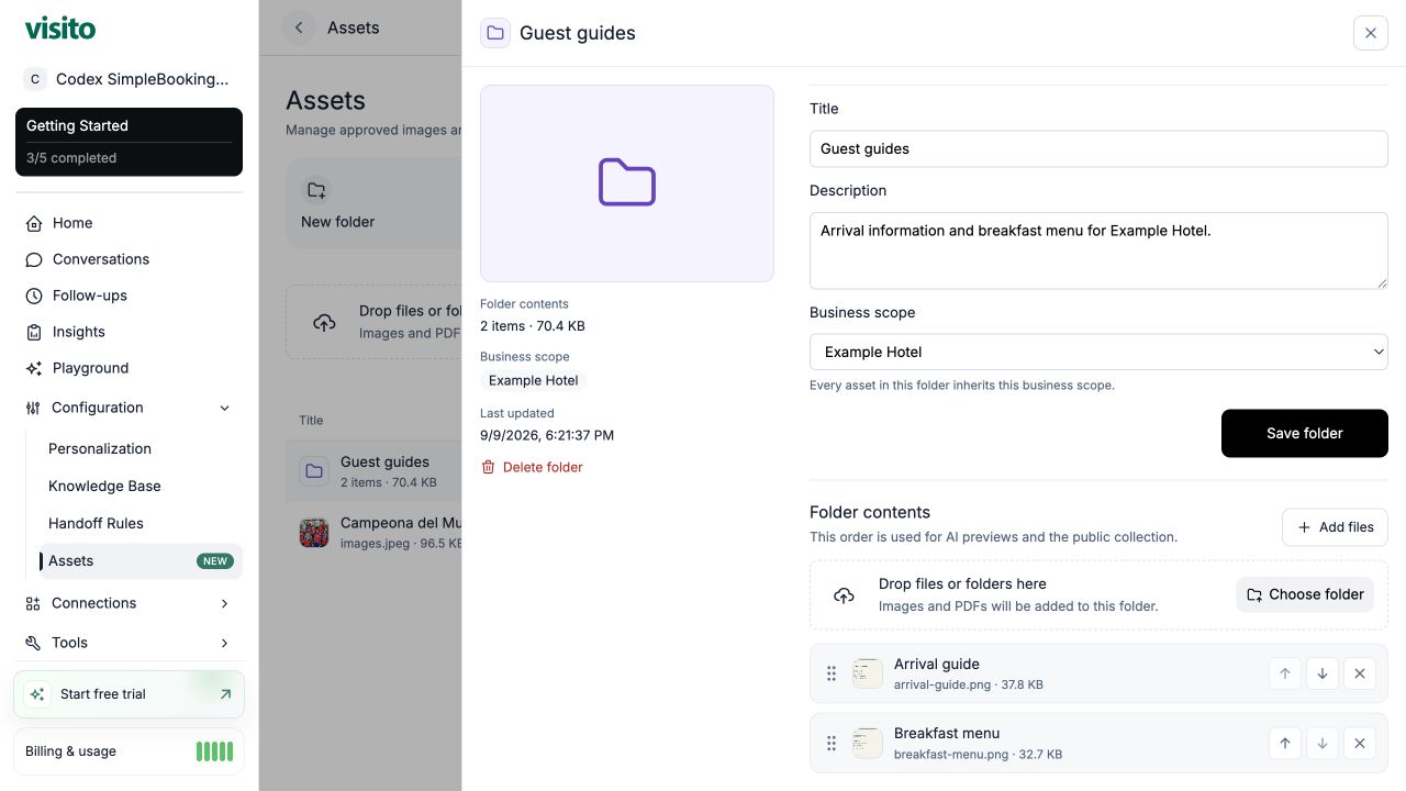 Guest guides folder with Arrival guide and Breakfast menu, business scope, and ordering controls