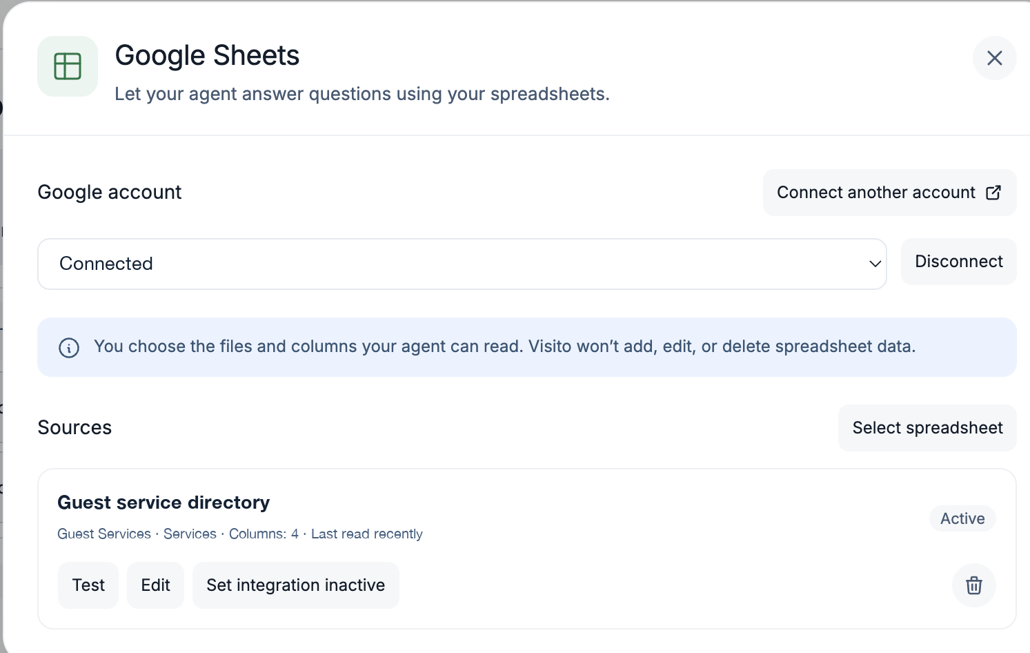 Google Sheets connection with a reusable account and one active source. The account identifier and sample business data are sanitized.