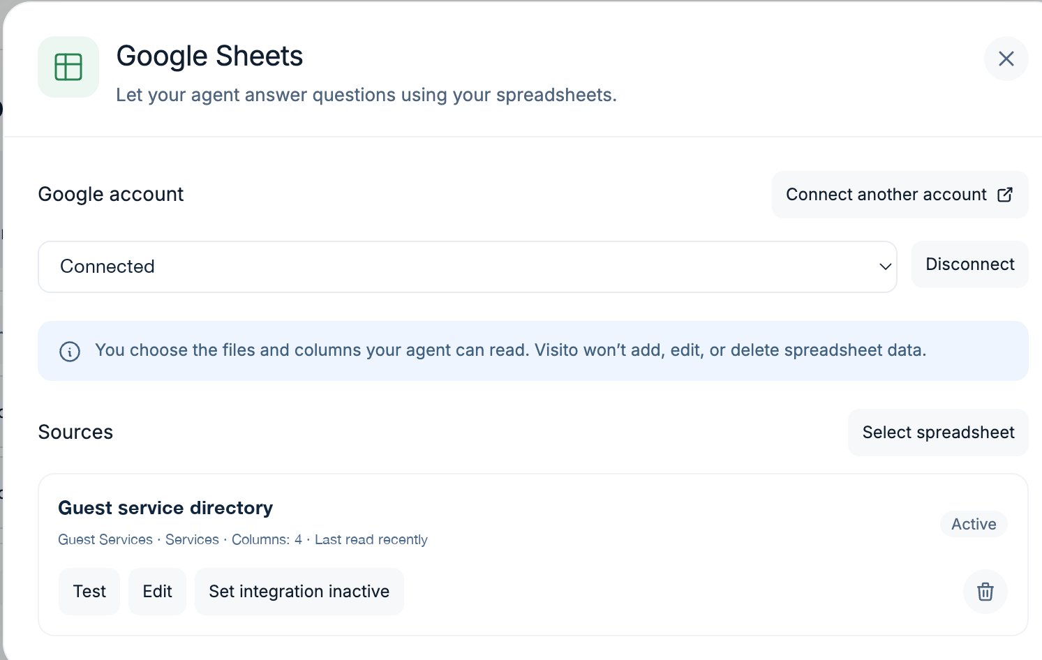 Google Sheets connection with a reusable account and one active source. The account identifier and sample business data are sanitized.