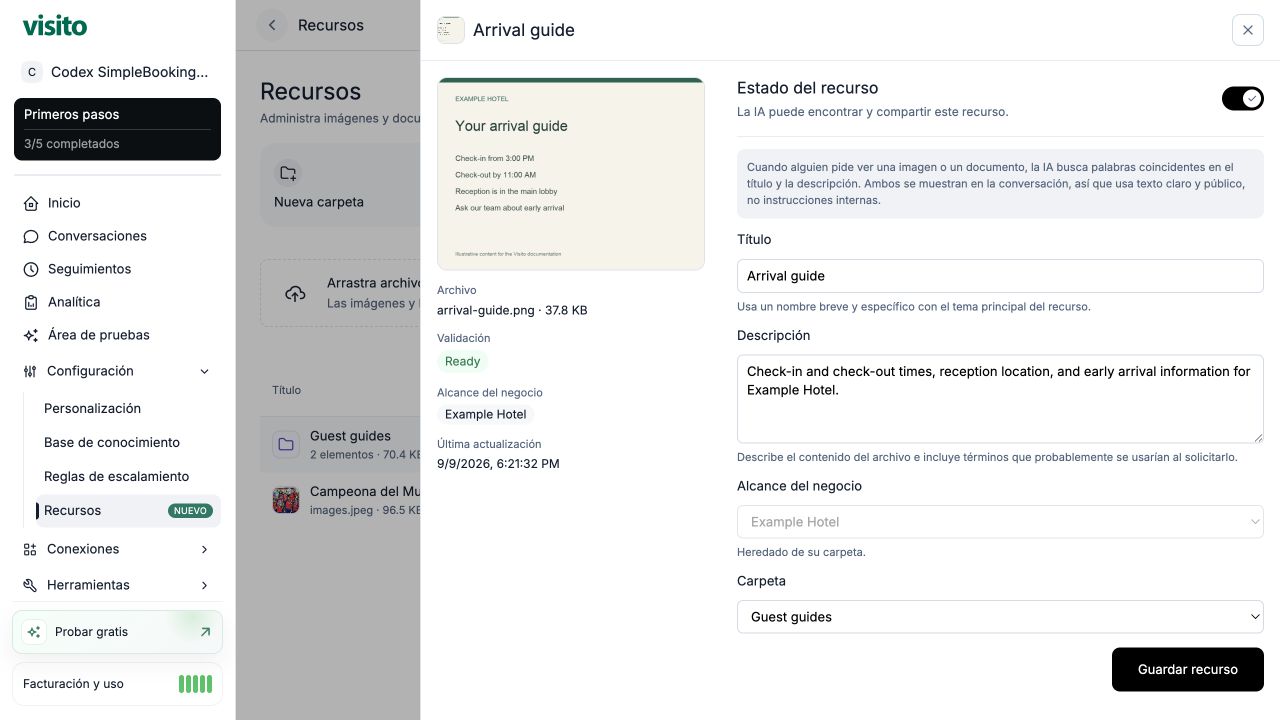 Guía de llegada con validación Ready, estado activo, descripción y alcance heredado de Example Hotel