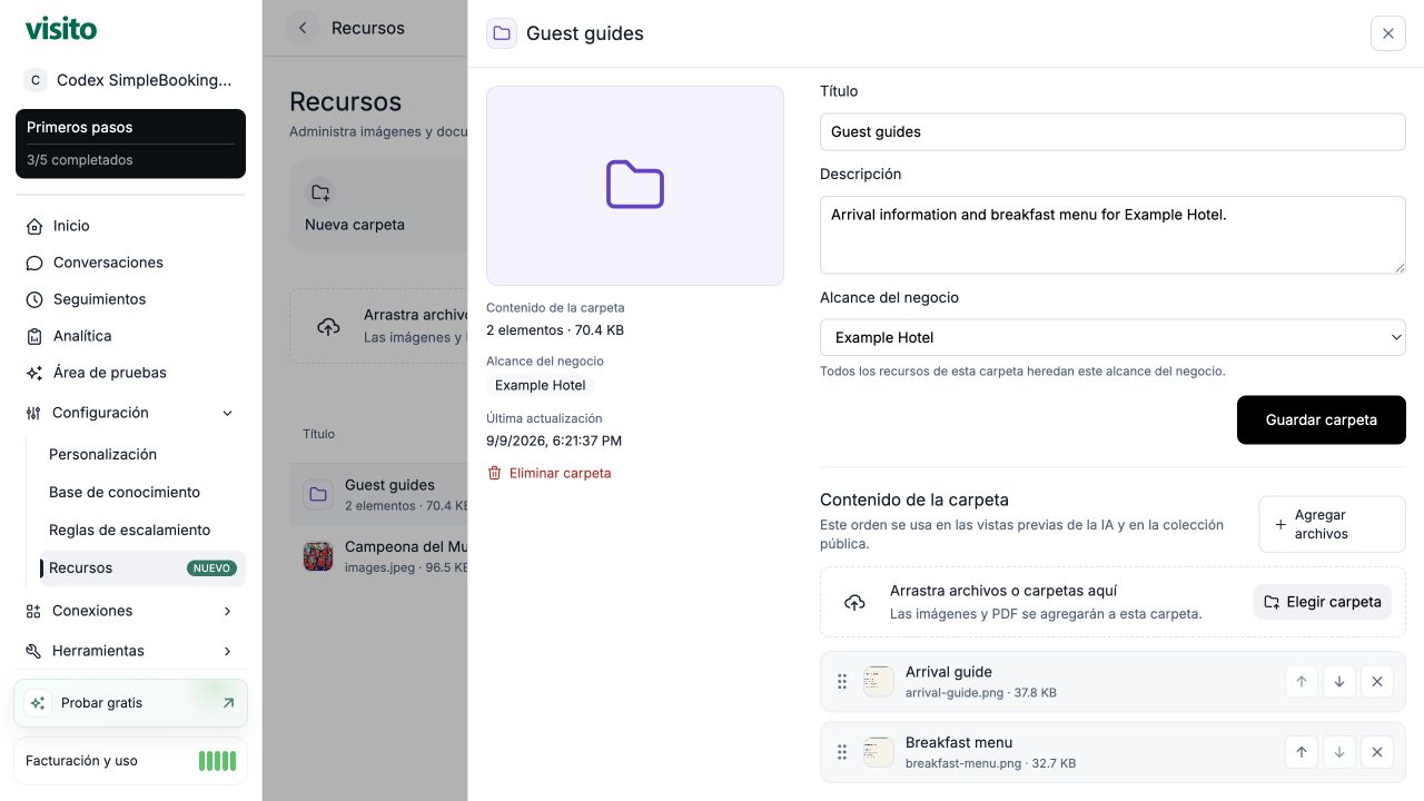 Carpeta Guest guides con Arrival guide y Breakfast menu, alcance del negocio y controles de orden