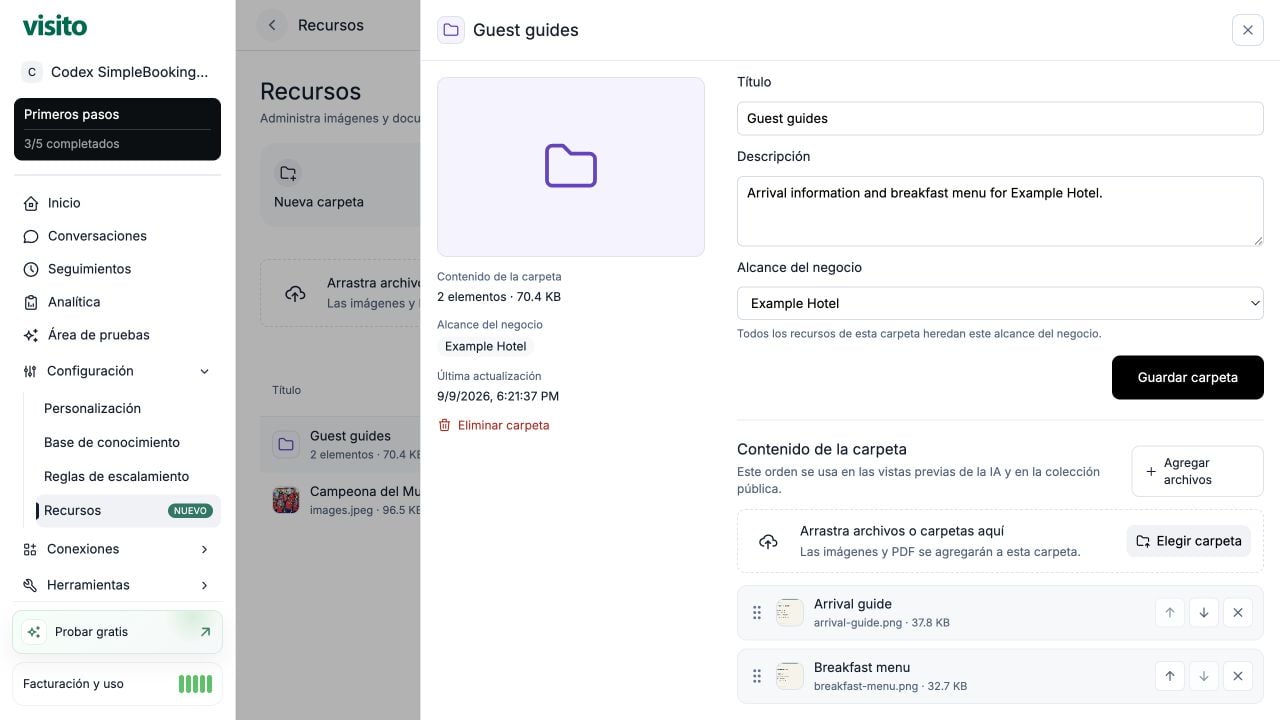 Carpeta Guest guides con Arrival guide y Breakfast menu, alcance del negocio y controles de orden