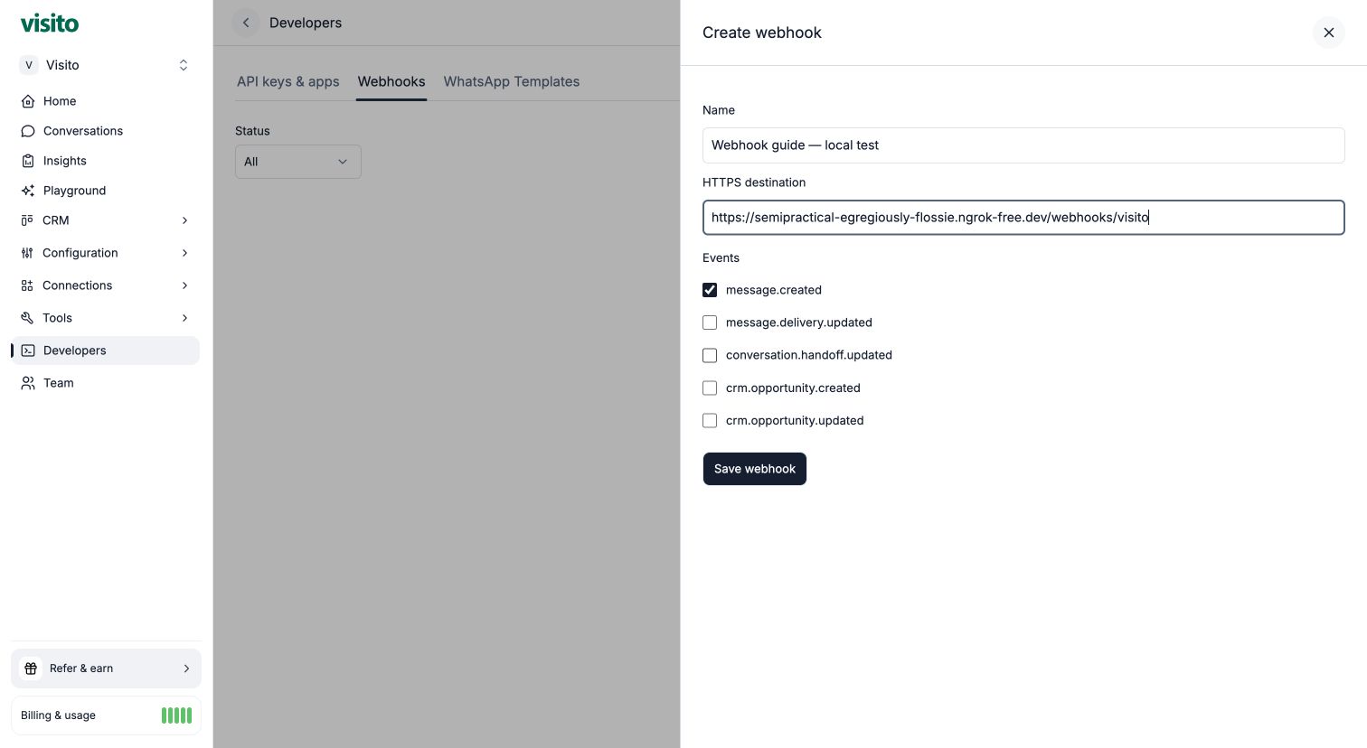 Create a webhook with a name, public HTTPS destination, and selected event