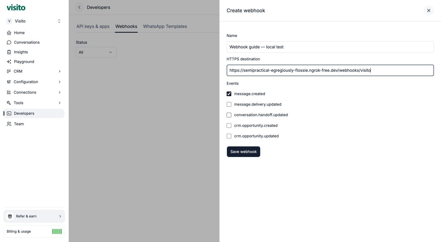 Create a webhook with a name, public HTTPS destination, and selected event