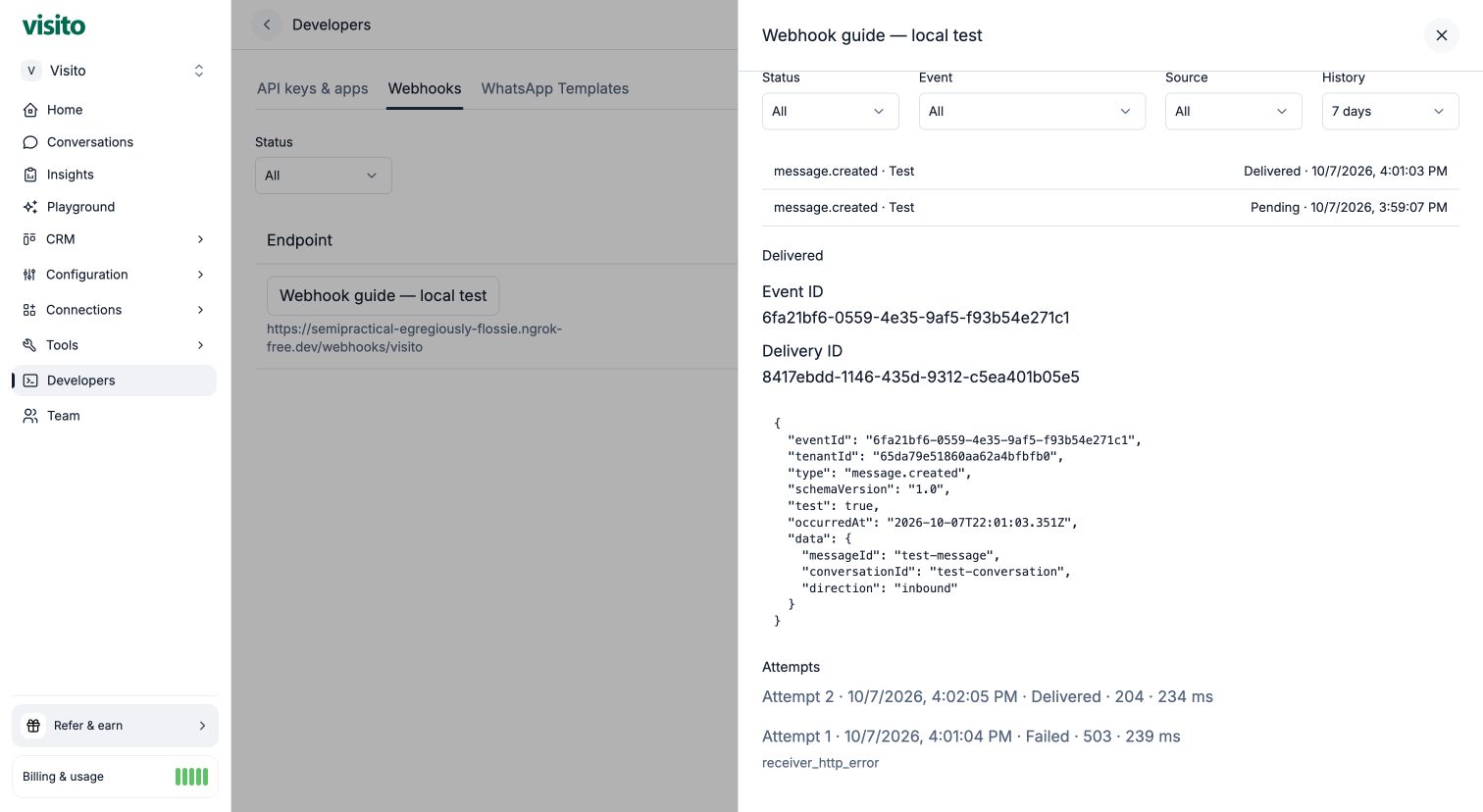 Delivered test showing the failed attempt followed by success