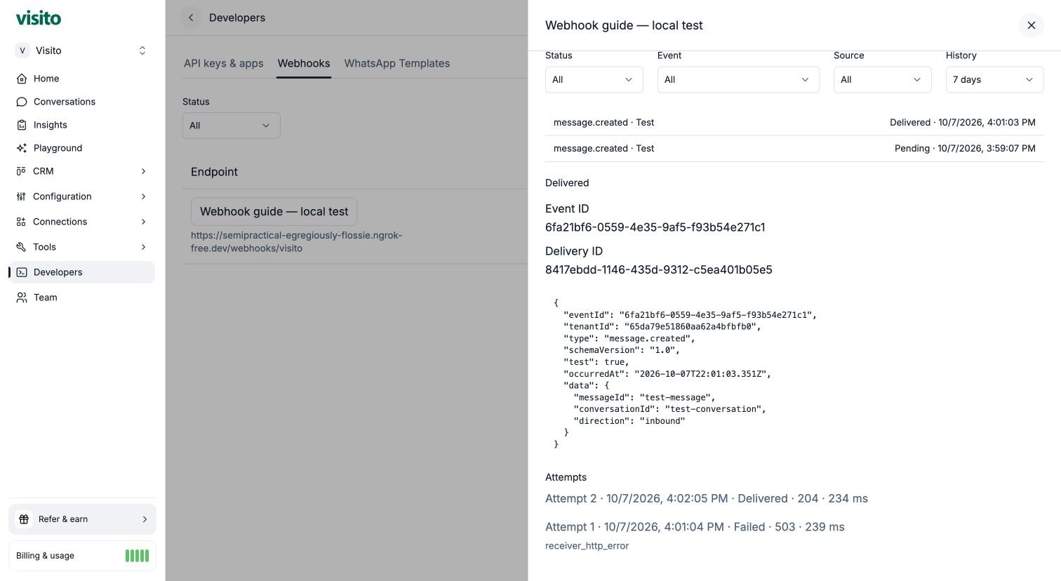 Delivered test showing the failed attempt followed by success