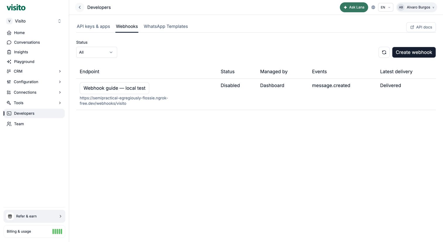 Disabled test endpoint with its delivered result preserved