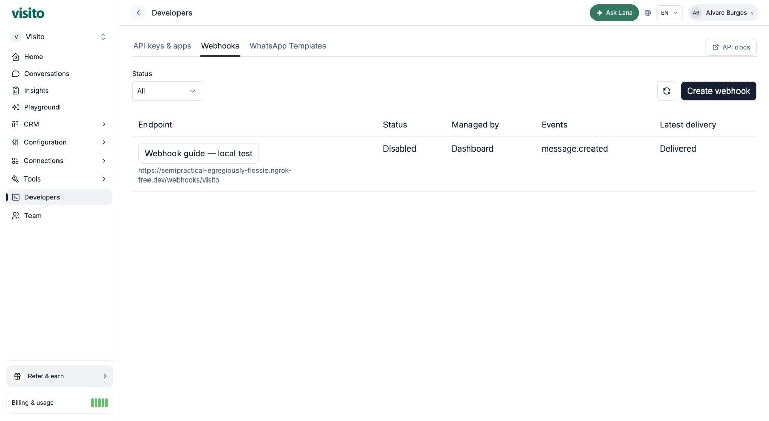 Disabled test endpoint with its delivered result preserved
