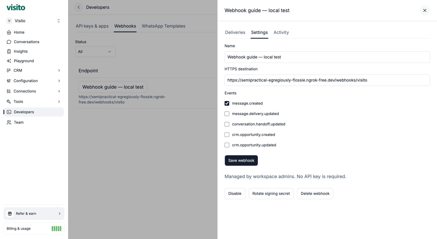 Webhook settings and management controls