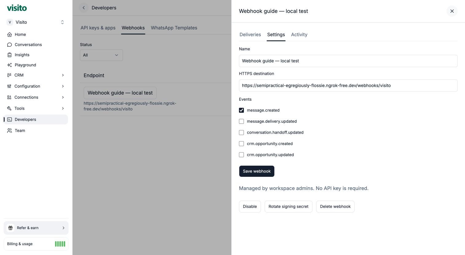 Webhook settings and management controls