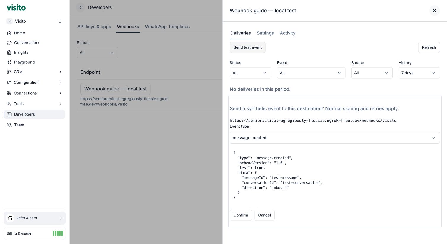 Confirm a synthetic test event and its destination