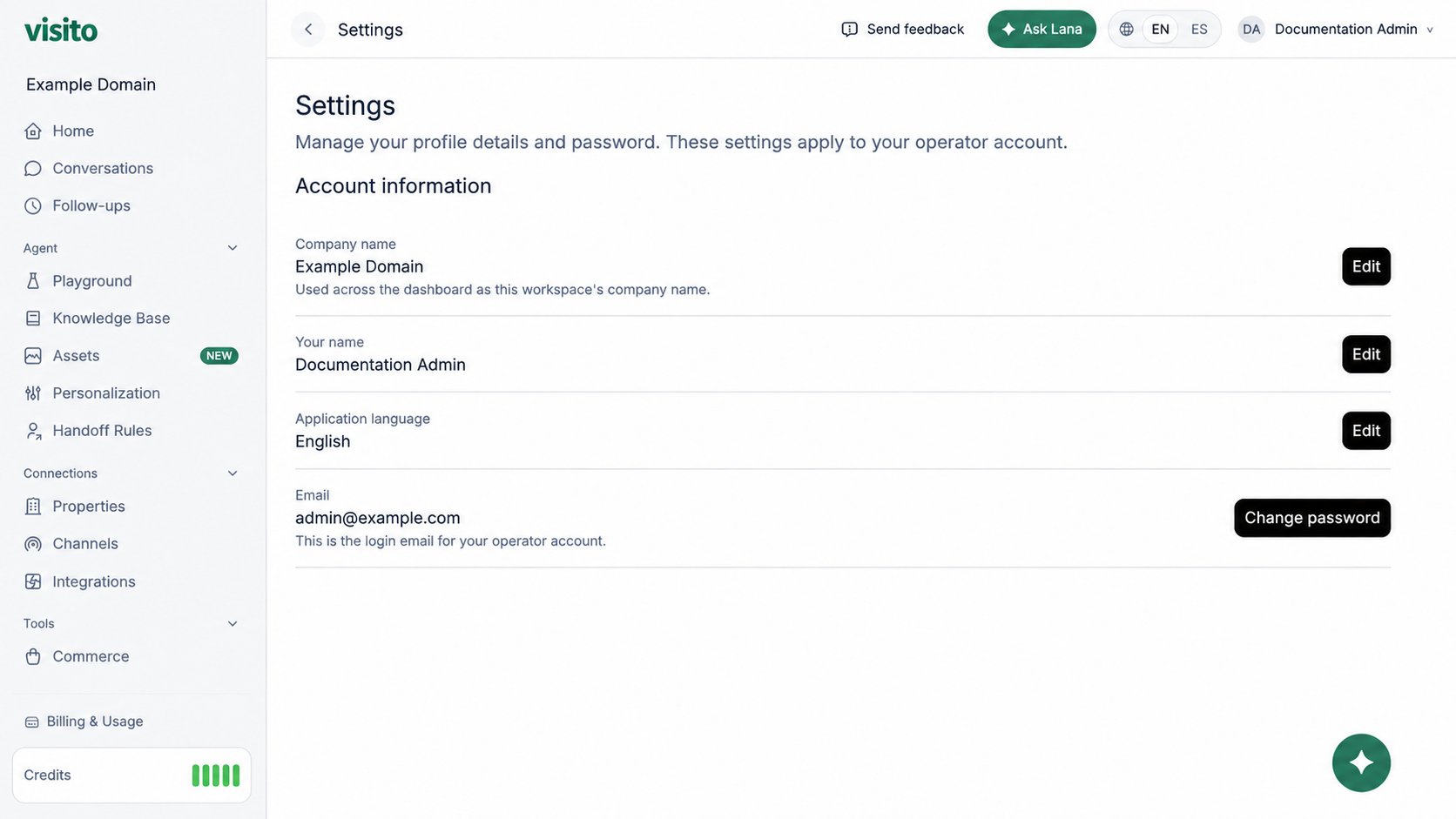 General Settings with example account details