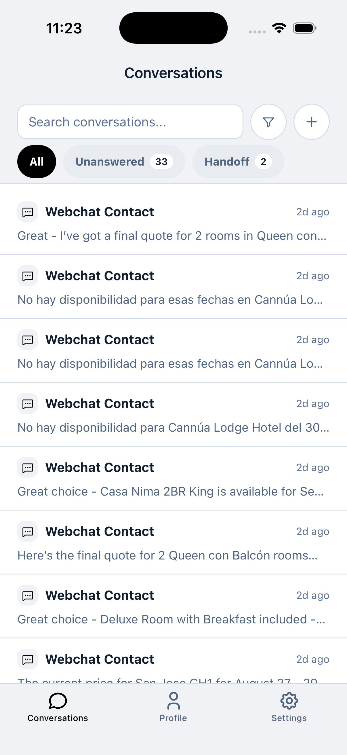 Conversaciones en la app móvil